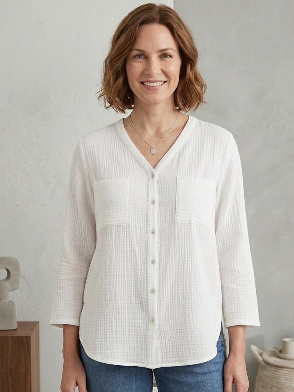Eileen Fisher White Organic Cotton Double Gauze Split V-Neck Button Up Top M